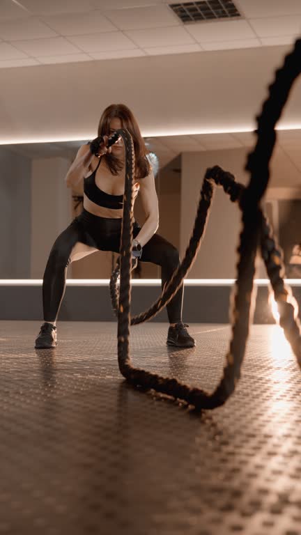 Athletic woman doing workout with heavy ropes, isolating different muscle groups developing motor skills. Flexibility, strength, agility allow her to perform complex exercises with efficiency grace