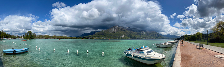 Annecy, Haute-Savoie, France: panoramic view of Annecy lake, the second largest in France, known for being the cleanest in Europe due to strict environmental regulations in place since the 1960s