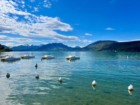 Annecy, Haute-Savoie, France: panoramic view of Annecy lake, the second largest in France, known for being the cleanest in Europe due to strict environmental regulations in place since the 1960s