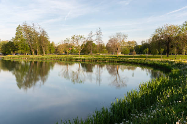 Long exposure shot of the Boating Lake and a public park in Ajka in the morning in springtime.
