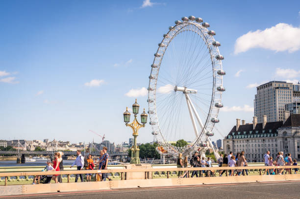 Pedestrians crossing Westminster Bridge in central London, with the London Eye and the Thames in the background.