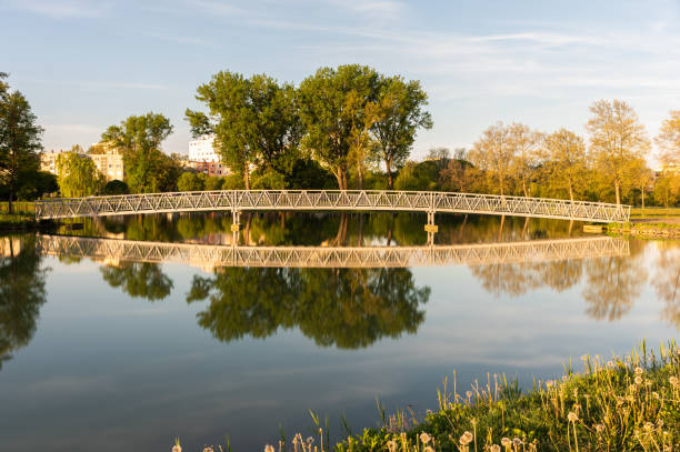 Long exposure shot of a bridge on the Boating Lake in Ajka in the morning in springtime.