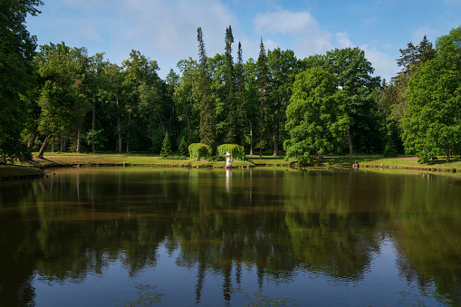 View of the Chinese Pond in the Oranienbaum Palace and Park Ensemble on a sunny summer day, Lomonosov, St. Petersburg, Russia