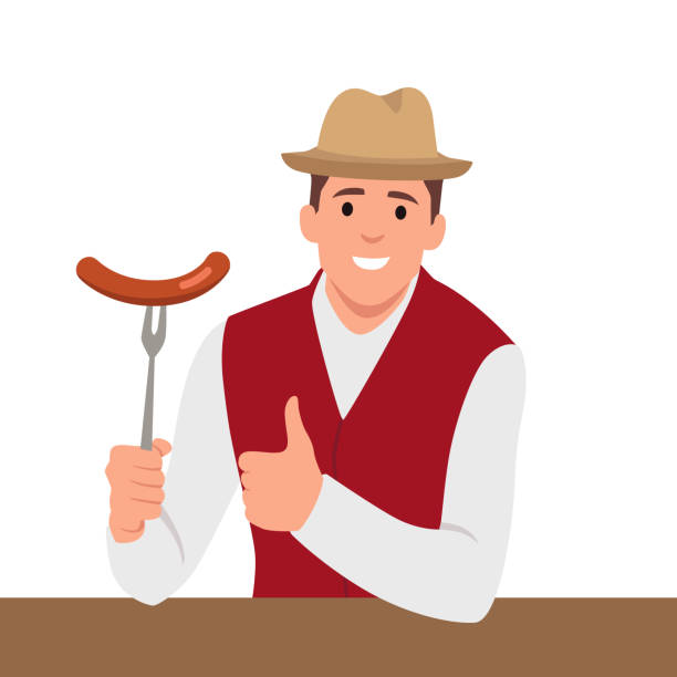Young handsome man grilling, cooking meat sausage. Young handsome man grilling, cooking meat sausage. Flat vector illustration isolated on white background man grilling white background stock illustrations