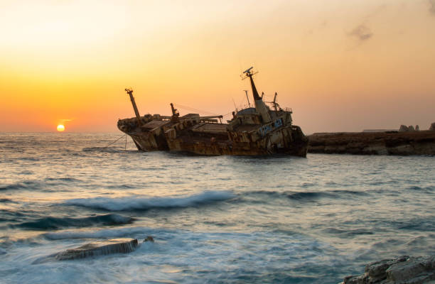Standed ship at sunset in Paphos, Cypres.