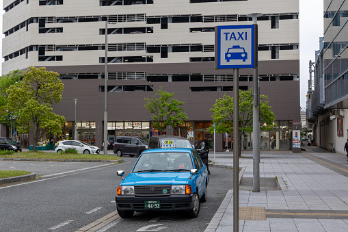 Fukuoka, Japan - April 19, 2023 : Taxi Stand at Chihaya Station in Fukuoka, Japan.