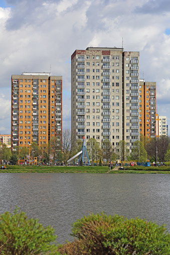 Warsaw, Poland - April 6, 2024: Multi-dwelling buildings constructed of large, prefabricated concrete slabs, a large panel system buildings in the Goclaw subdivision of the Praga-Poludnie district