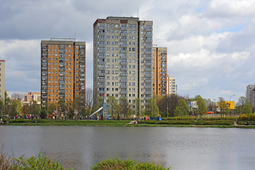 Warsaw, Poland - April 6, 2024: Multi-dwelling buildings constructed of large, prefabricated concrete slabs, a large panel system buildings in the Goclaw subdivision of the Praga-Poludnie district