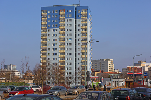 Warsaw, Poland - March 14, 2024: Block of flats made of large prefabricated concrete slabs, large panel system buildings in the Goclaw sub-district of Praga Poludnie.
