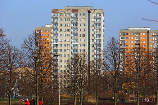 Warsaw, Poland - March 14, 2024: Blocks of flats made of large prefabricated concrete slabs, large panel system buildings in the Goclaw sub-district of Praga-Poludnie.