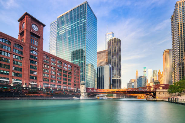 Chicago Downtown Cityscape with Chicago River at Sunset, Illinois