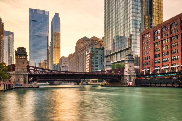 istock Chicago Downtown Cityscape with Chicago River at Sunset 2151146368
