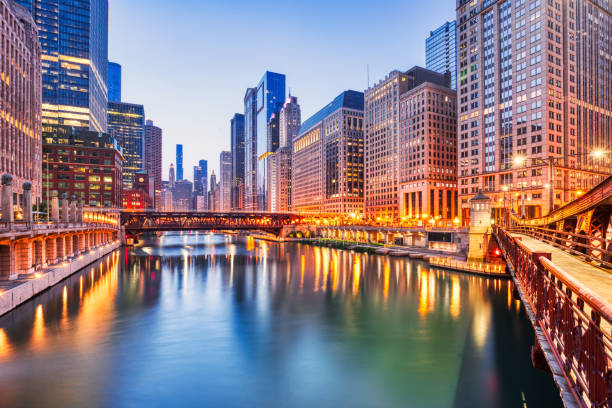 istock Chicago Downtown Cityscape with Chicago River at Dusk 2151146375
