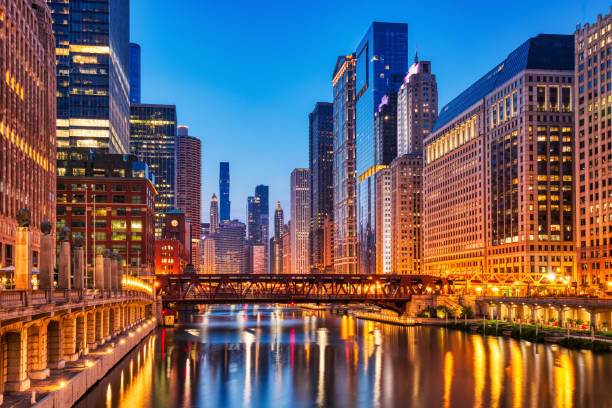 istock Chicago Downtown Cityscape with Chicago River at Dusk 2151146378