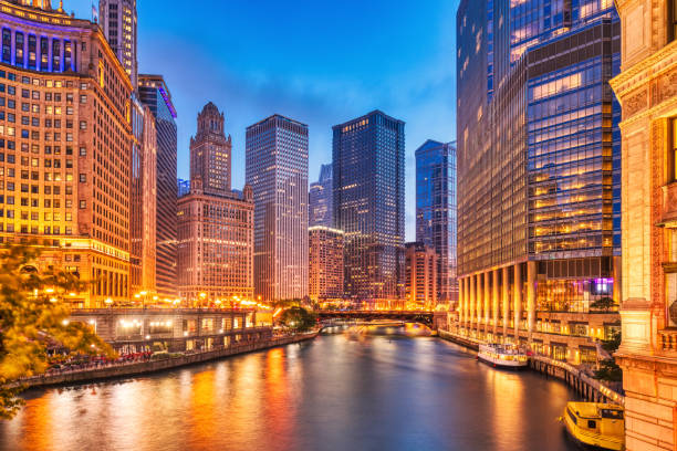 istock Chicago Downtown Cityscape with Chicago River at Dusk 2151146385