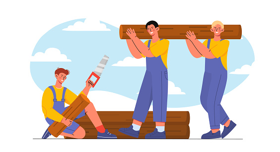 Team of lumberjack concept. Men with wooden logs. Wood processing. Workers in uniform. Carpenters with saw. Boards production. Cartoon flat vector illustration isolated on white background