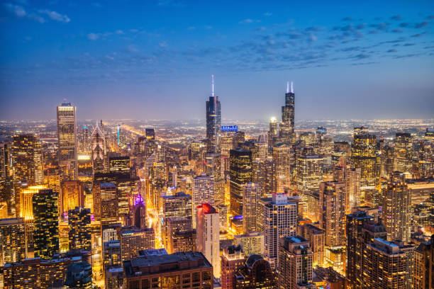 Illuminated Chicago Aerial Skyline View at Dusk