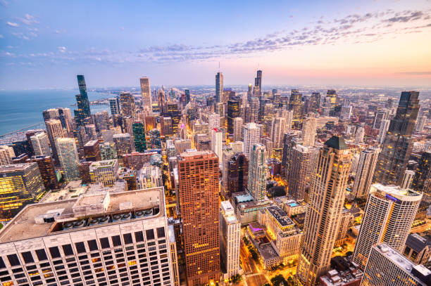 istock Illuminated Chicago Aerial Skyline View at Dusk 2151146579