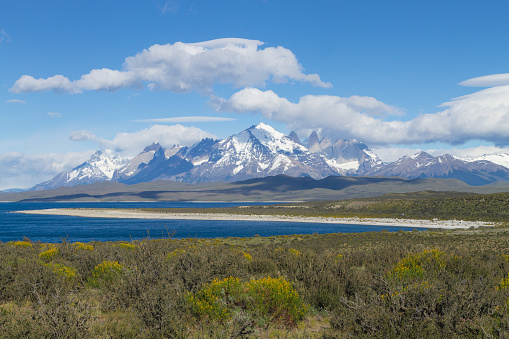Sarmiento Lake view, Torres del Paine National Park, Chile. Chilean Patagonia landscape