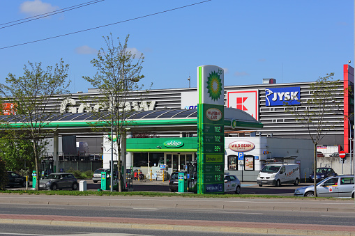 Warsaw, Poland - April 11, 2024: A BP petrol station in the immediate vicinity of the Goclaw shopping centre. This station is located in the Goclaw housing estate in the Praga-Poludnie district.