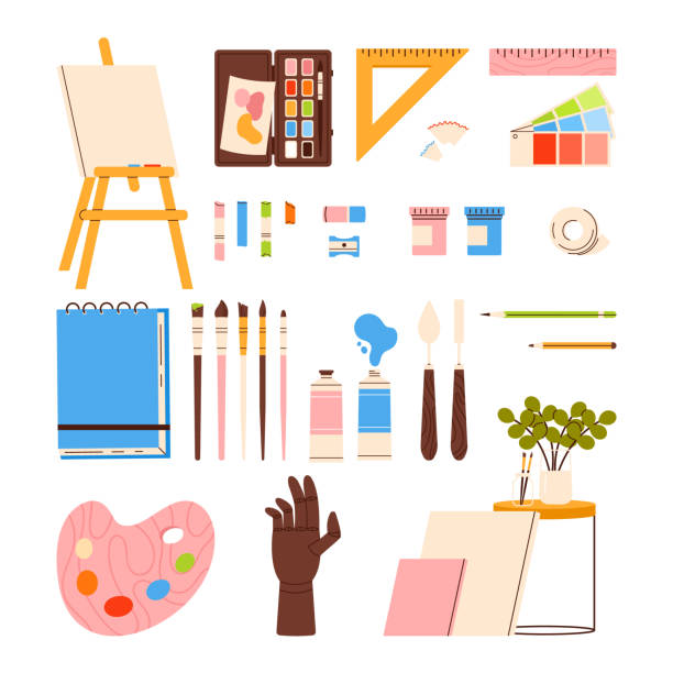 istock Artists tools set. Drawing supplies collection. Draw equipment: palette, easel, brushes, pencils, canvas. Vector illustration in cartoon style. Isolated on white background 2151149998