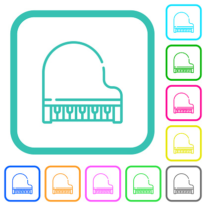 Grand piano top view outline vivid colored flat icons in curved borders on white background