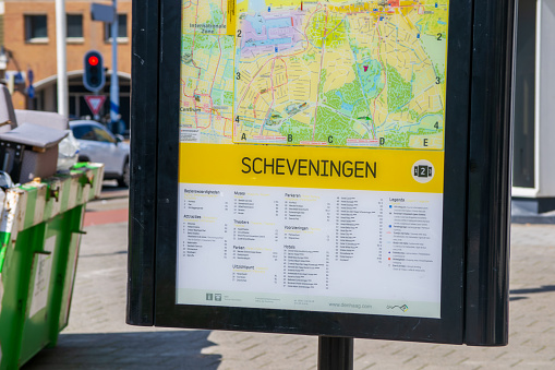 The Hague, Scheveningen, Netherlands - May 05 2024: Scheveningen Map and  travel information, The Hague (Den Haag)