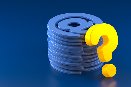 A Stack of E-mail Symbol and a Neon-Lit Question Mark on a Blue Background. 3d Rendering