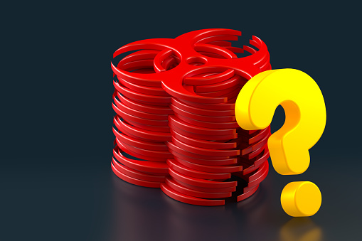 A Stack of Biohazard Symbol and a Neon-Lit Question Mark on a Black Background. 3d Rendering