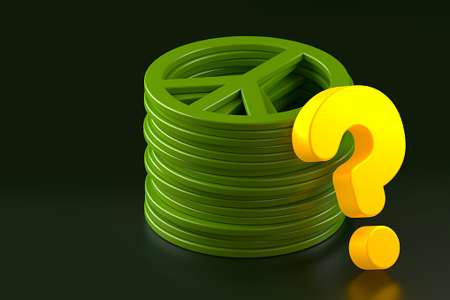 A Stack of Peace Symbol and a Neon-Lit Question Mark on a Green Background. 3d Rendering