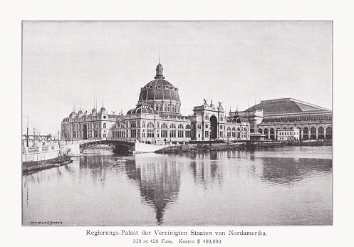 The Pavillon of the United States (United States Government Building), during the World's Columbian Exposition, also known as the Chicago World's Fair, a world's fair held in Chicago from May 5 to October 31, 1893, to celebrate the 400th anniversary of Christopher Columbus's arrival in the New World in 1492. Halftone print based on a photograph, published in 1893.