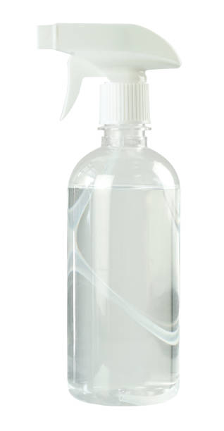 istock Plastic spray bottle with transparent clean liquid inside isolated on white background 2151158880