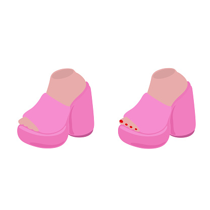 Flat pink women shoes set. Pink fashion high-heeled shoes. Glamorous shoes. Barbie style. Vector fashion illustration