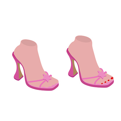 Flat pink women shoes set. Pink fashion high-heeled shoes. Glamorous shoes. Barbie style. Vector fashion illustration