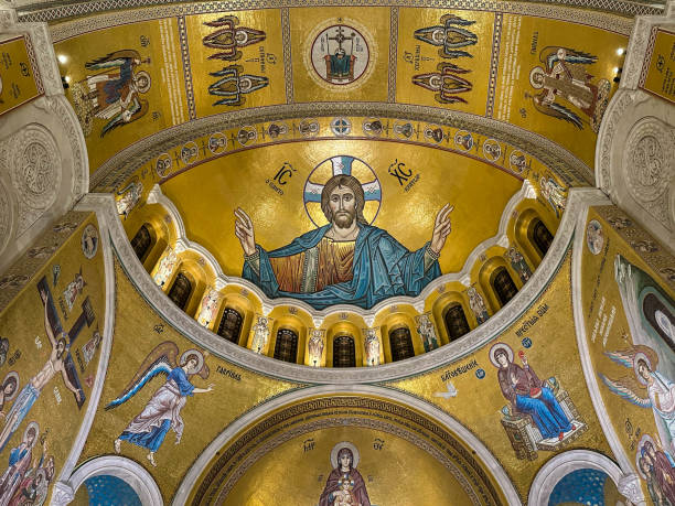 Interior of the Church of Saint Sava, Serbian Orthodox church, byzantine-inspired architecture, icon of Jesus Christ in a mosaic, Belgrade, Serbia stock photo