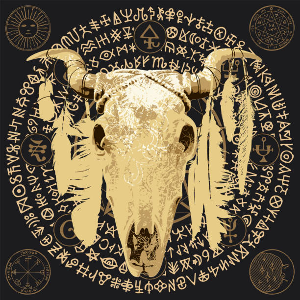 istock horned cow or bull skull with bird feathers on pentagram 2151174107
