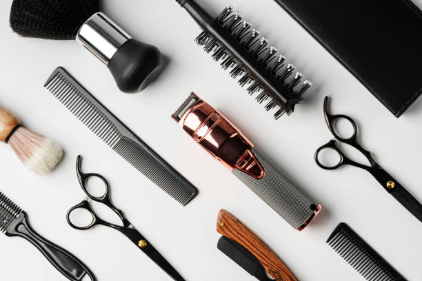 istock Pattern of various shaving and bauty care accessories for men on gray background 2151174109