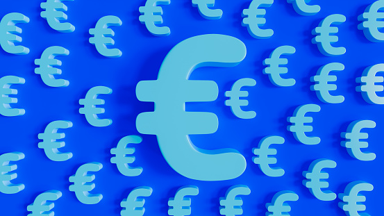 Many euro signs on blue surface, purchasing power and monetary movement theme, 3d illustration, horizontal image