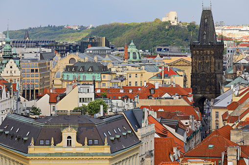 High angle view of Old town Prague and the powder gate tower (Czech Republic).