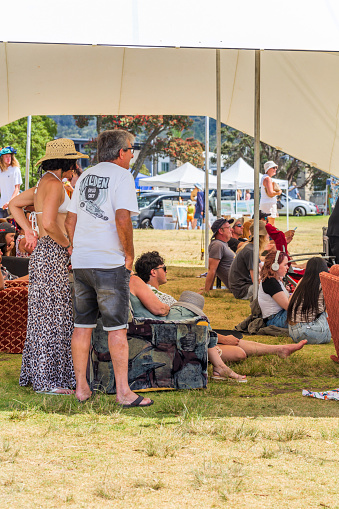 Whangamata, New Zealand - December 27, 2023: People Relishing the Show and Festivities Under the Cool Shade at the Annual Crafts Market in Williamson Park, Whangamata