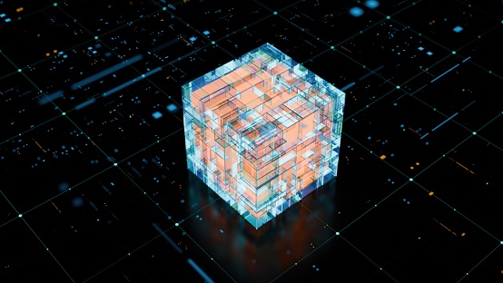 Blockchain circular elements  - 3d rendered image. Hologram modern Sci-Fi high technology view.   Technology, augmented reality (AR), virtual reality (VR), Machine learning (ME), innovation concepts. Abstract cyberpunk backgrounds. Innovation. Cryptocurrency. NFT. Artificial intelligence background.