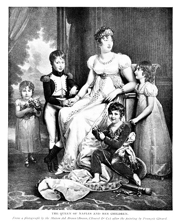Portrait of Queen Maria Carolina (1752–1814) of Naples and Sicily, Italy, and four of her children. Maria Carolina was the sister of Marie Antoinette, Queen of France. Painting by artist Francois Gerard. Engraving published 1892. Original edition is from my archives.  Copyright has expired and is in Public Domain.