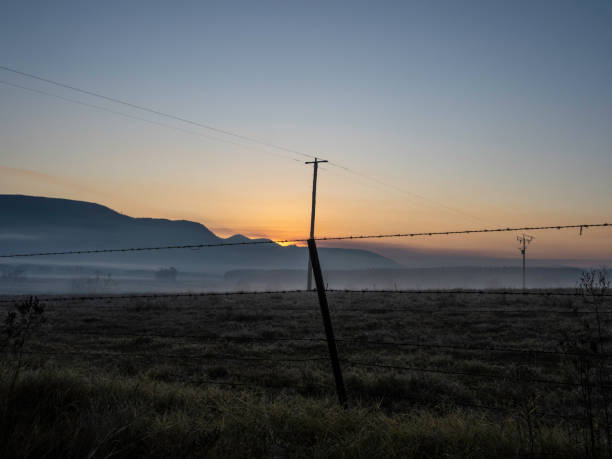 Powerline and farm fence in silhouette at sunrise