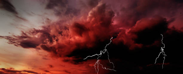 istock Panoramic Dark cloud  sky with thunder bolt. Heavy storm bringing thunder, lightnings and rain in summer.very big natural disaster. 2151186544
