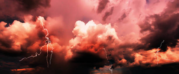 istock Panoramic Dark cloud  sky with thunder bolt. Heavy storm bringing thunder, lightnings and rain in summer.very big natural disaster. 2151186545