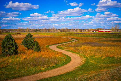 Tranquil golden meadow with curved dirt road at Sertoma Park nature conservation area in Sioux Falls, South Dakota, on a sunny spring afternoon