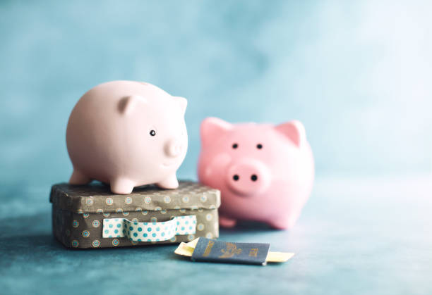 istock Two pig banks with a suitcase and passport. 2151189573