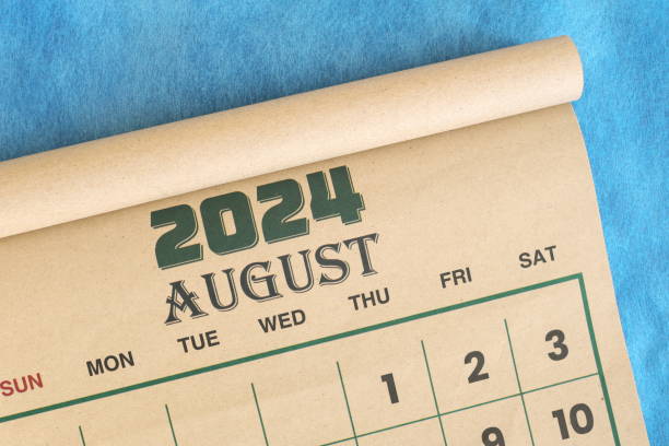 istock August 2024 calendar flat lay in blue background with copy space. 2151192174