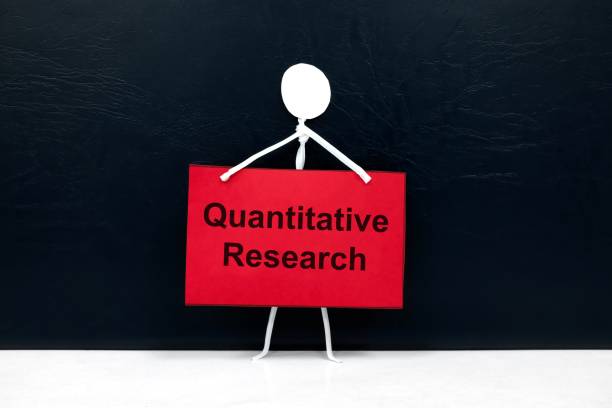Quantitative research concept. Human stick figure holding red placard paper with written text.