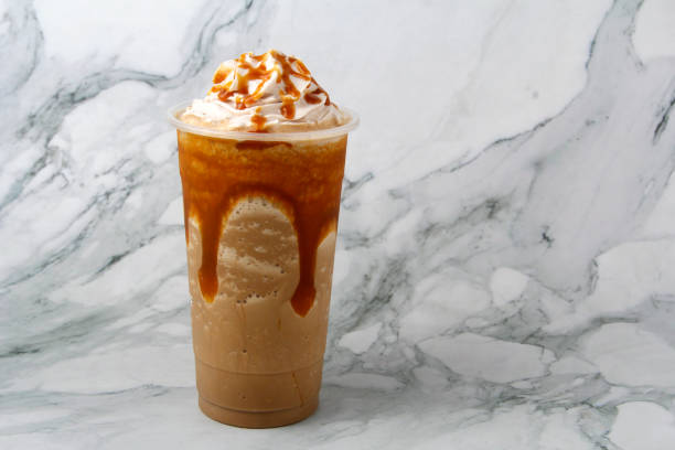 Freshly made caramel macchiato flavored frappe